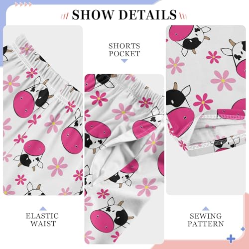 ZZXXB Milk Cow Pink Flowers Boys Long Pants Soft Trousers Elastic Waist Kids Lounge Bottoms with Pockets S-XL4