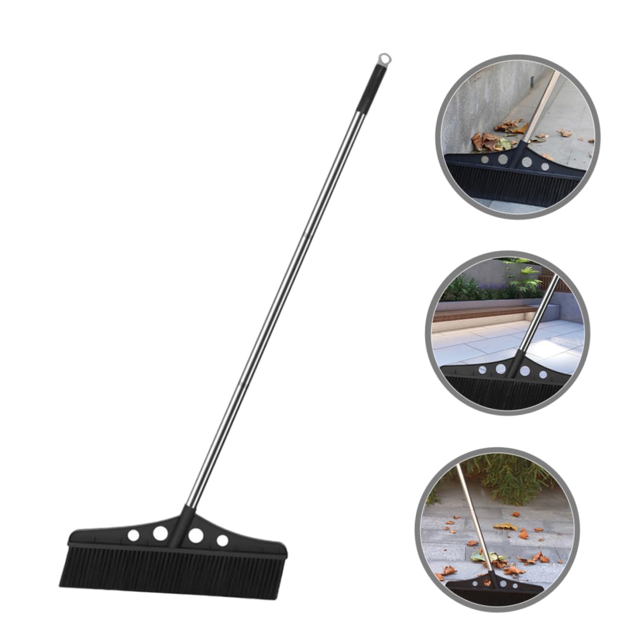 CALLARON Escoba de Jardín Desmontable Negra, Mango Ergonómico de Acero Inoxidable y Nylon, Limpieza para Porches y Piscinas