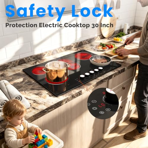 Image of Hobsir 30 Inch Electric Cooktop, 5 Burner 8400W Built-in Stovetop 240V | (29.13 inch x 20.47 inch) Knob & Touch Control, 9 Power Levels, 99-Min Timer, Safety Lock, Tempered Glass, All Cookware Compatible