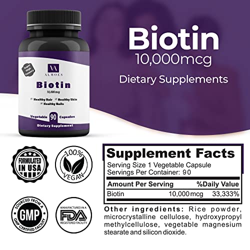 Almoes Biotin Vitamin B Highest Potency 10,000 Mcg For Healthy Hair, Skin And Nails, Dietary Supplements Helps Support Energy Metabolism, Vegan, Vegetarian Hair Growth Supplement (90 Capsules) #TOP5
