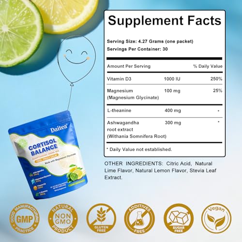 Image of Cortisol Calm Drink Mix with Magnesium Glycinate Powder, L-Theanine, Vitamins, and Ashwagandha for Relaxation & Focus | Adaptogen Drink & Cortisol Support | 30 Packets (Lemon & Lime Flavor)