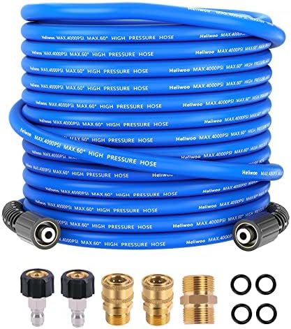 Heliwoo Pressure Washer Hose 50 FT x 1/4", Upgrade Kink Resistant Pro-Flexible Electric Power Washing Hose, 4000 PSI Replacement Extension Hose with Swivel Thread x 3/8" Quick Connect 5 Set