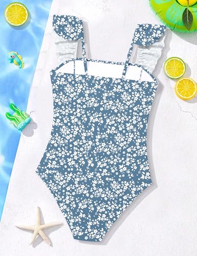 Image of NECIOUS Girls Swimsuit Ruffle Adjustable Straps One Piece Bathing Suit Solid Color Ruched Girls' Swimwear 9-16Y