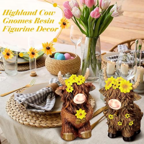 Cute Highland Cow Figurines 2 Pcs, Resin Statues Adorable Farm Animal Collectible Ornaments for Desk Shelf Home Garden Decor (Yellow) - Image 5