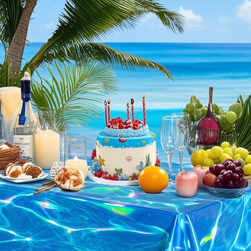 Image of 3 Pcs Iridescent Ocean Waves Tablecloths, 54 x 108 Inch Disposable Plastic Ocean Table Cloth, Water Print Tablecloths Ocean Table Cover for Beach Pool Sea Theme Party Decorations