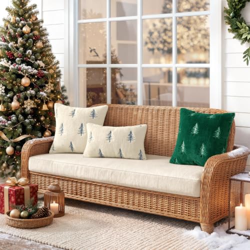 Image of MIULEE Christmas Decorative Faux Fur Pillow Covers 18x18 Inch Beige Blue | Set of 2, Embroidered Christmas Tree Throw Pillows, Winter Couch Covers, Festive Home Decor for Sofa Bedroom Living Room