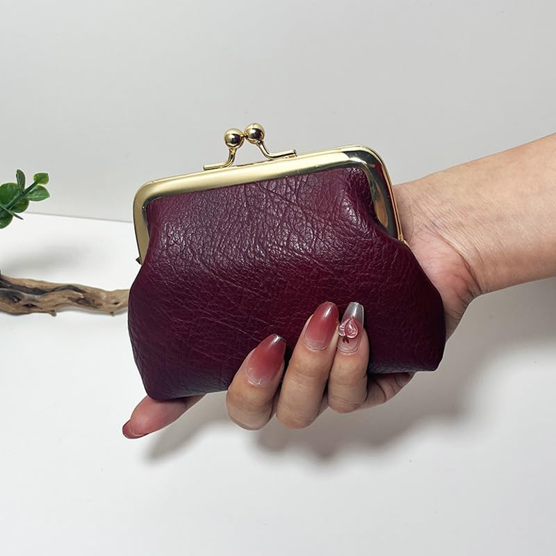 Coin Purse Kiss Lock Coin Purse for Women-Vintage Change Purse Cute Coin Holder (Dark Red)