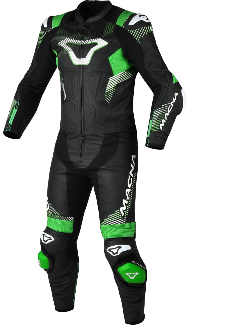 Macna Men's Black/White/Green Armadyl Perforated Two Piece Motorcycle Leather Suit