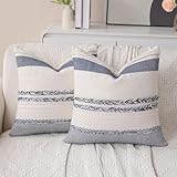 CATOLAT Decorative Boho Navy Blue Striped Pillow Covers Set of 2-18x18 Inch Farmhouse Accent Boho Throw Pillows Neutral Coastal Textured Square Pillowcase for Couch Living Room Bed Sofa, Home Decor