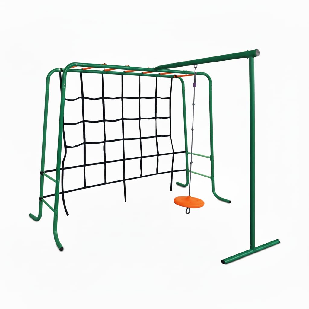 Plum Kids Outdoor Climbing Frame with Monkey Bars, Swing & Cargo Net – Metal Garden Playset for Children Ages 3+ | Durable Fun for Years | Safe & Strong (Green)