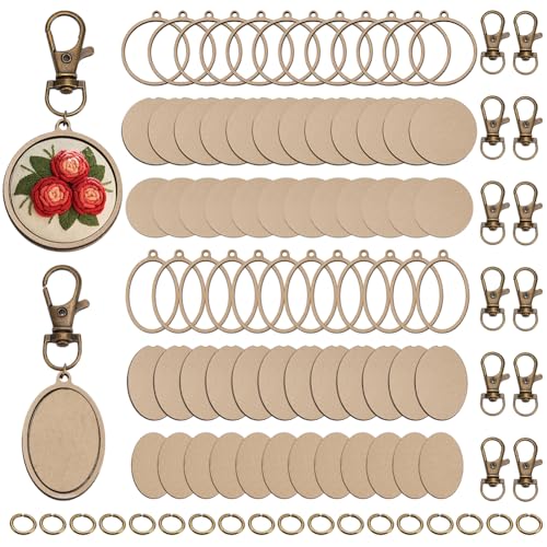 FREEBLOSS 24 mini cerchi in legno da ricamo portachiavi in legno piccoli cerchi da ricamo con portachiavi fai da te cerchio in legno per portachiavi forniture per la creazione di gioielli