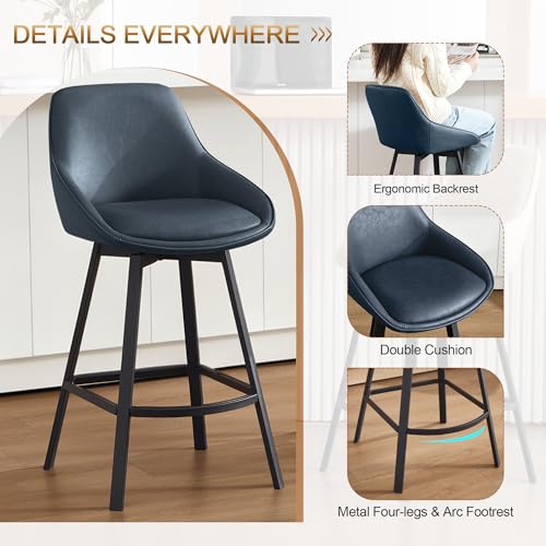 Image of Zesthouse Swivel Bar Stools Set of 4, 26 inch Modern Counter Height Bar Stools with Low Backs, Upholstered Faux Leather Bar Chairs for Kitchen Counter, Blue Island Chairs with Metal Legs