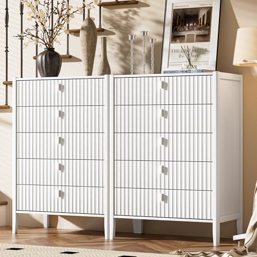 Image of Furniway White 5 Drawer Dresser, 31.5 inch Wide Modern Chest of Drawers with Fluted Front and Metal Handles, Storage Dresser for Bedroom, Living Room, or Entryway