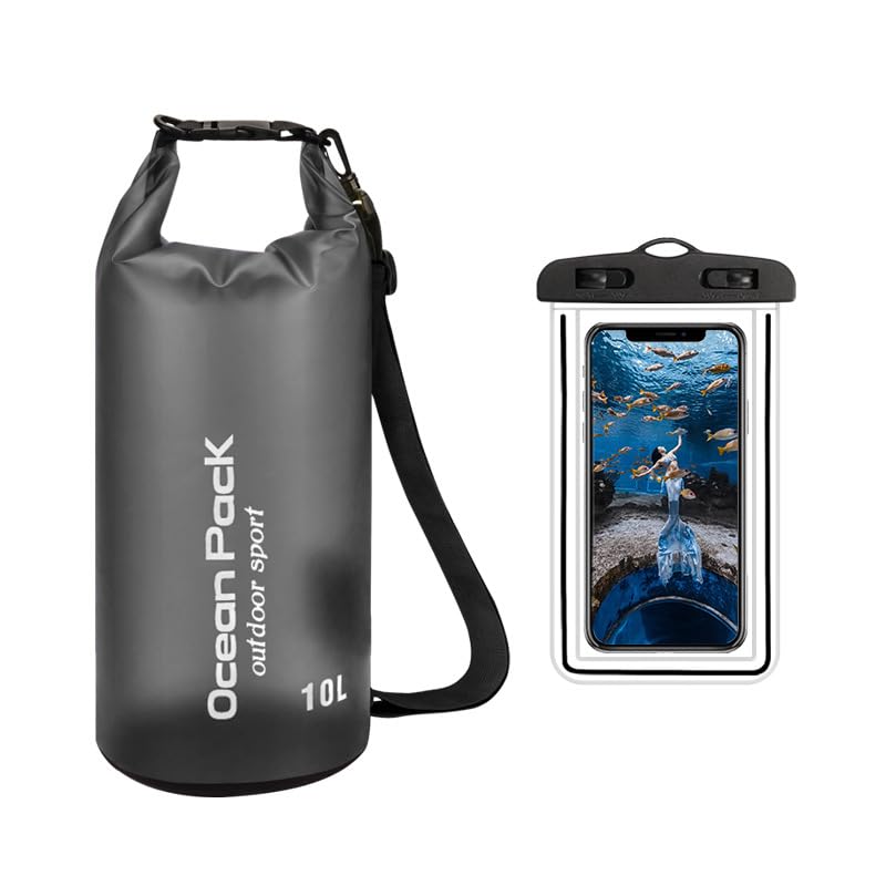 Bolsa seca impermeable de 10L con cierre enrollable tipo mochila - apta para kayak, senderismo, navegación, camping y pesca - color negro