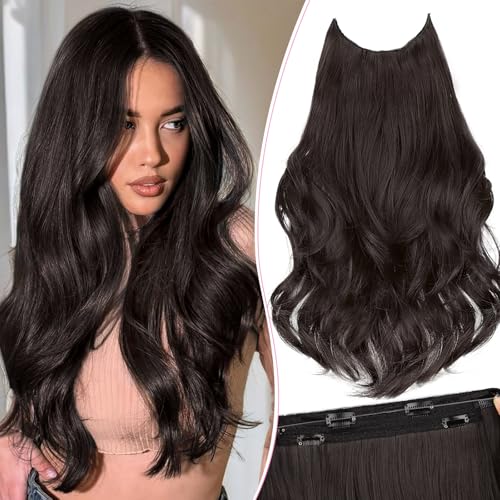 Invisible Wire Hair Extensions with Transparent Wire Adjustable Size 4 Secure Clips Long Wavy Secret Hairpiece 20 Inch for Women(Dark Brown)