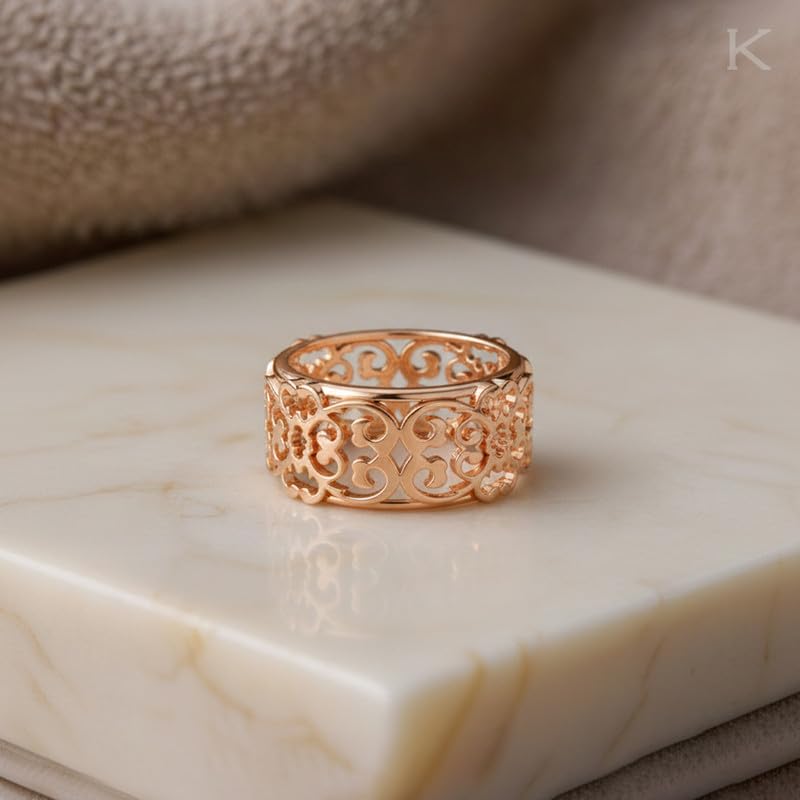 Image of Kisna Diamond & Gold Jewellery 18KT (750) Rose Gold For Women|Real Gold Band|Gold Band Women|Stylish & Simple Daily Wear Gold Band|Gift for Her, Birthday, Anniversary|Vintage Lace Gold Band S11