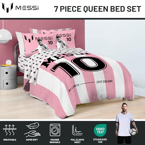 Image of Jay Franco Messi Queen Comforter Set 7 Piece Soft Kids Sports Bedding, Pink