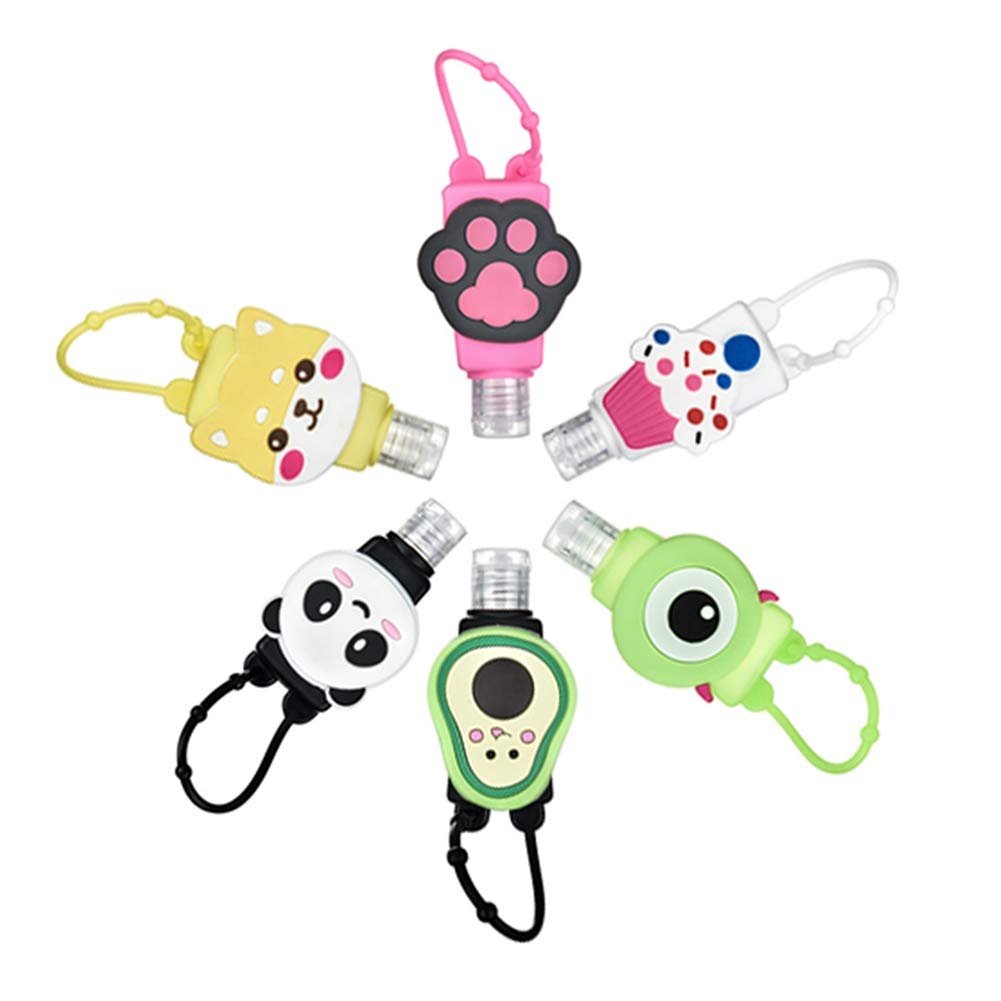 Bosixty 6Pcs Portable Empty Bottles Hand Sanitizer Bottles Holder Cartoon 30ml Leak Proof Refillable Plastic Travel Bottles with Detachable Silicone Protective Case Liquid Soap Containers for Kids