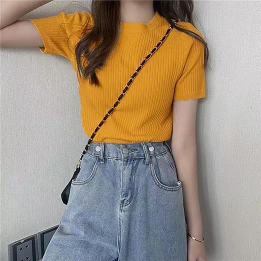 Image of Slim Fit Plain Stretchable Round Neck Rib Knit Short Sleeve Regular Top for Women | T Shirt | Tee