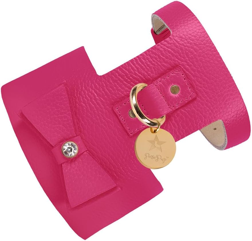 POISEPUP Luxe Dog Adjustable Leather Harness Vest, Soft with Bow and Crystal for Puppy Dogs - Red - Medium (21.3-23.6 in)