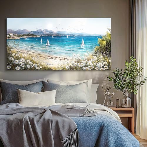 SERIMINO Beach Landscape Wall Art, Seaside Scenery Extra Large Canvas Wall Pictures, Wildflower Nature Decor Painting, Bright House Decorations Living Room Bedroom Rustic Wall Decor Art Prints 30"X60"