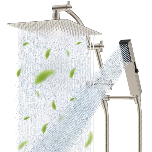 Hibbent All Metal CUPC Certified 10'' Rainfall Shower Head, Dual Shower Head Combo, High Pressure Handheld 4 Sprays Shower Wand, 16'' Adjustable Extension Arm, 71'' Hose, Shower Holder, Brus