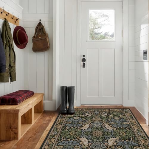 Image of Large Entryway Rugs Indoor - 3x5 Washable Rugs for Kitchen Bedroom Beside Bed Door Mat Indoor Entrance with Moody Woodland Flowers, Non Slip Stain Resistant Low Pile