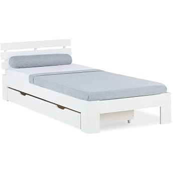 Homestyle4u Wooden Bed 90 x 200 cm White with Slatted Frame Youth Bed Frame with Drawers Storage Bed Solid Pine Single Bed 2291
