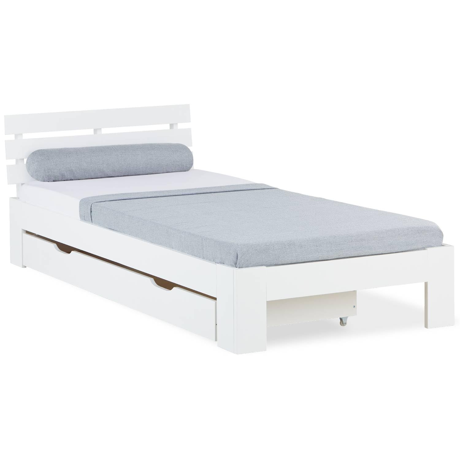 Homestyle4u Holzbett 90x200 Weiß mit Lattenrost, Jugendbett Bettgestell mit Schubladen Stauraumbett, Massivholz Kiefer Einzelbett, 2291