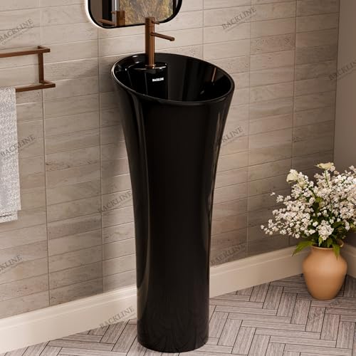 Image of B BACKLINE Ceramic Design Pedestal Wash Basin Free Standing Wash Basin Bowl Sink Round For Living Room & Bathroom 15 X 15 X 35 Inch (Black Glossy)