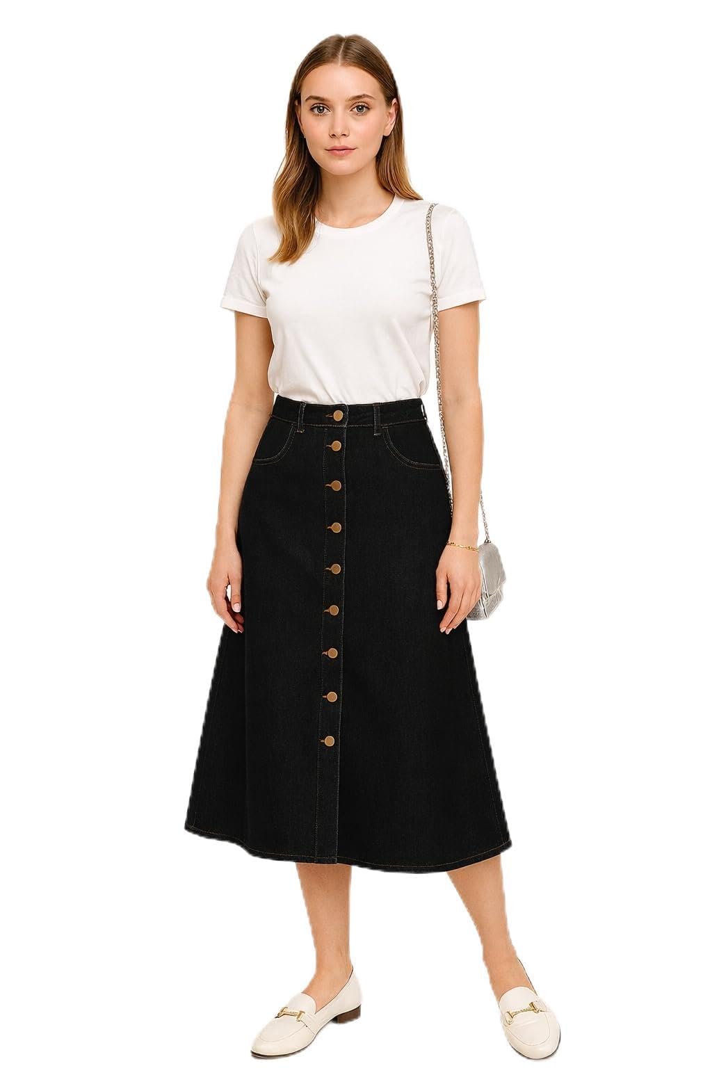 Womens Black A-Line Denim Maxi Skirt with Front Ten Button Closure 41800-image-33