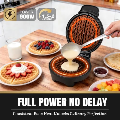 Image of FineMade 7 Inches Classic Waffle Maker Machine, belgian waffle maker with PFAS-Free Ceramic Non-Stick Plates,Waflera electrica, Thin Waffle Maker Crispy, Round Waffle Iron, Graphite