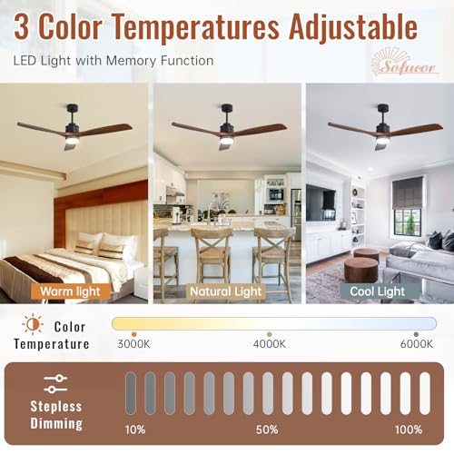 Image of Sofucor 60 Inch Ceiling Fan with Light and Remote, Large 3 Solid Wood Blade