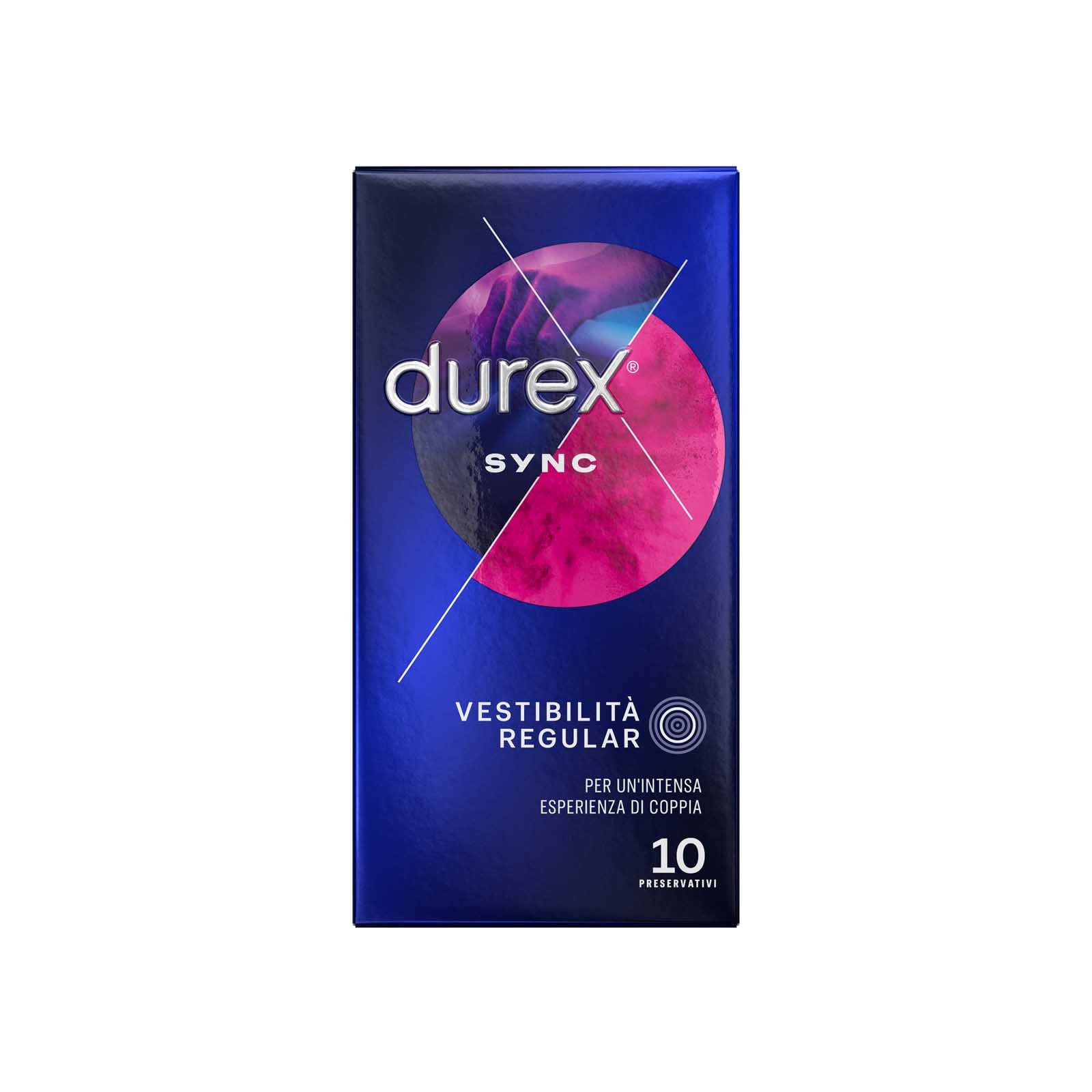 Durex Sync Preservativi Uomo Lattice Gomma Naturale Extra Lubrificati Forma Easy-On con Serbatoio e Rilievi Stimolanti Vestibilità Regular Spesso - 10 Confezioni da 10 Profilattici