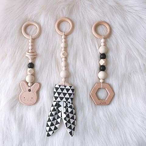 HB.YE 3PC Baby Wooden Teether Set Newborn Toys Teething Pendant Bunny Rattle Rings Play Gym Montessori Toys Sensory Toy Gift (Black) Cover