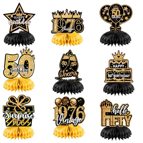 OSDUE Cumpleaños Mesa Panal Centros, 9 Piezas Decoraciones para Cumpleaños Fiestas Adornos Negros y Dorados, Regalos para 50 Años Cumpleaños y Aniversario A