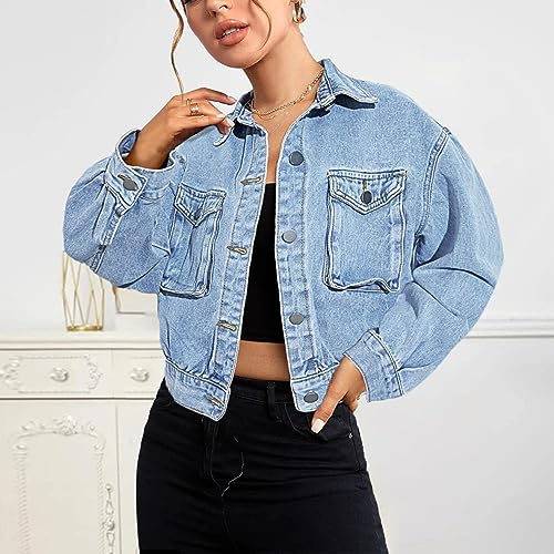 Women's Casual Cropped Denim Jacket Western Basic Lapel Button Up Long Sleeve Trucker Jean Jacket Biker Coat Tops2