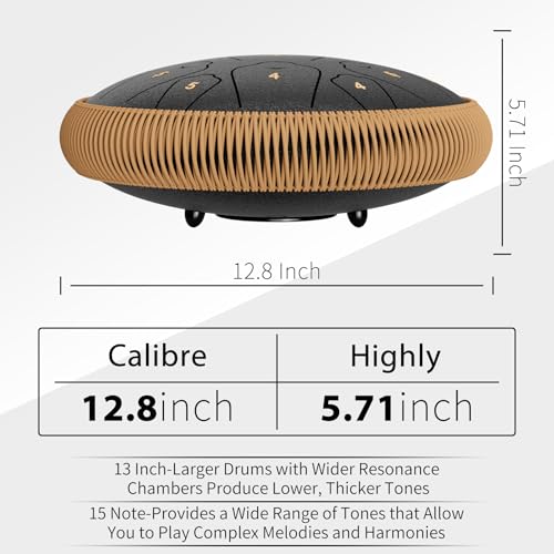 Image of Steel Tongue Drum, 13 Inch 15 Notes Tongue Drums, C Major 440 Hz Drum Percussion Instruments, Handpan Drums with Music Book, Drum Mallets and Carry Bag (Black)