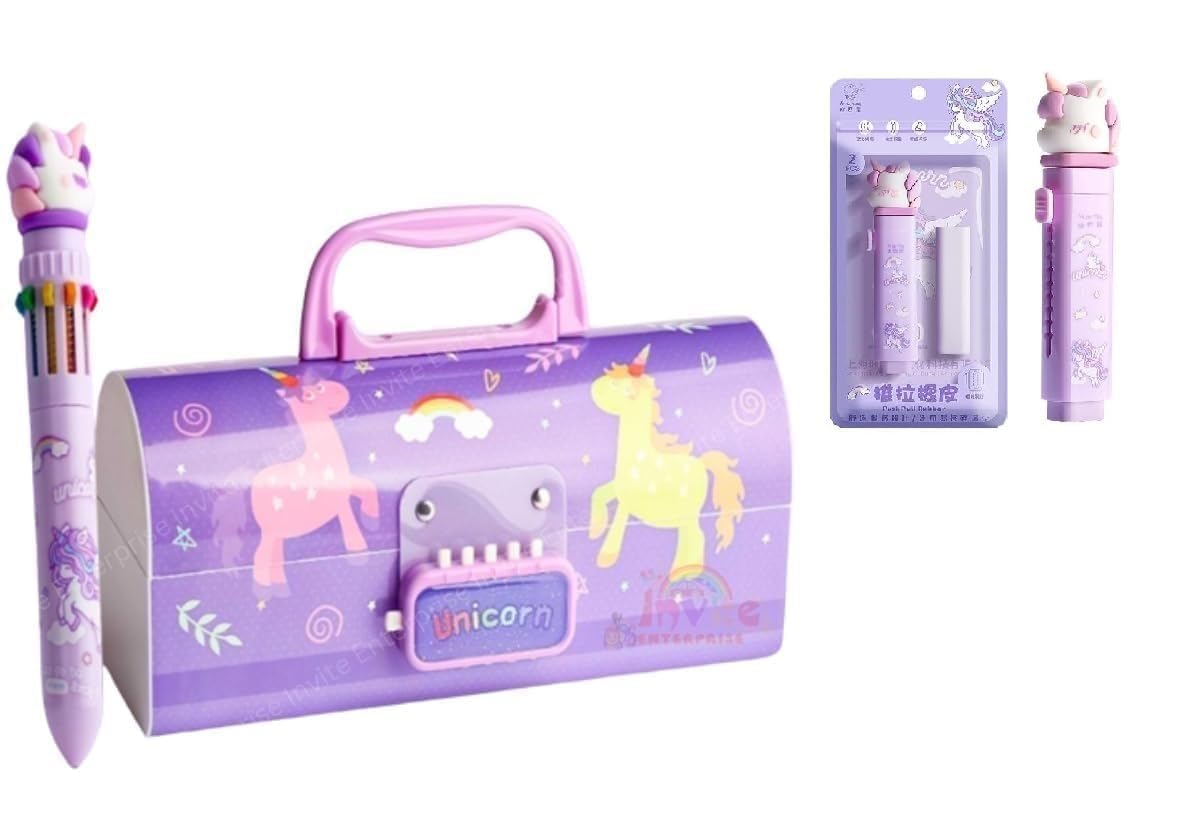 Alokik Unicorn Pencil Box with Password Lock & Handle, Large Capacity Pencil Case with Unicorns Eraser Set, Cartoon School Stationery Organizer for Boys & Girls (Purple Unicorn Pencil Box Combo)-image-38