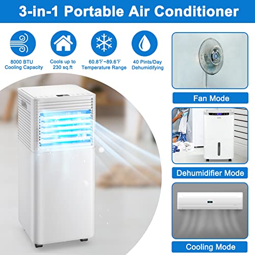 Image of GOFLAME Portable Air Conditioner, 8000 BTU Powerful AC Unit with Remote Control and 4 Universal Casters, 3-IN-1 Air Cooler & Dehumidifier & Fan with 24H Timer for Living Room, Bedroom, Office, White