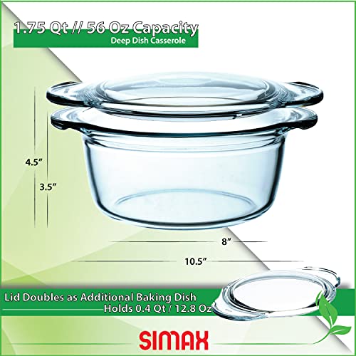 Simax Round Glass Casserole Dish: Clear Glass Round Casserole Dish With Lid And Handles - Covered Bowl For Cooking, Baking, Serving, Etc. - Microwave, Dishwasher, And Oven Safe Cookware - Quart (1.75 Quart) #TOP6