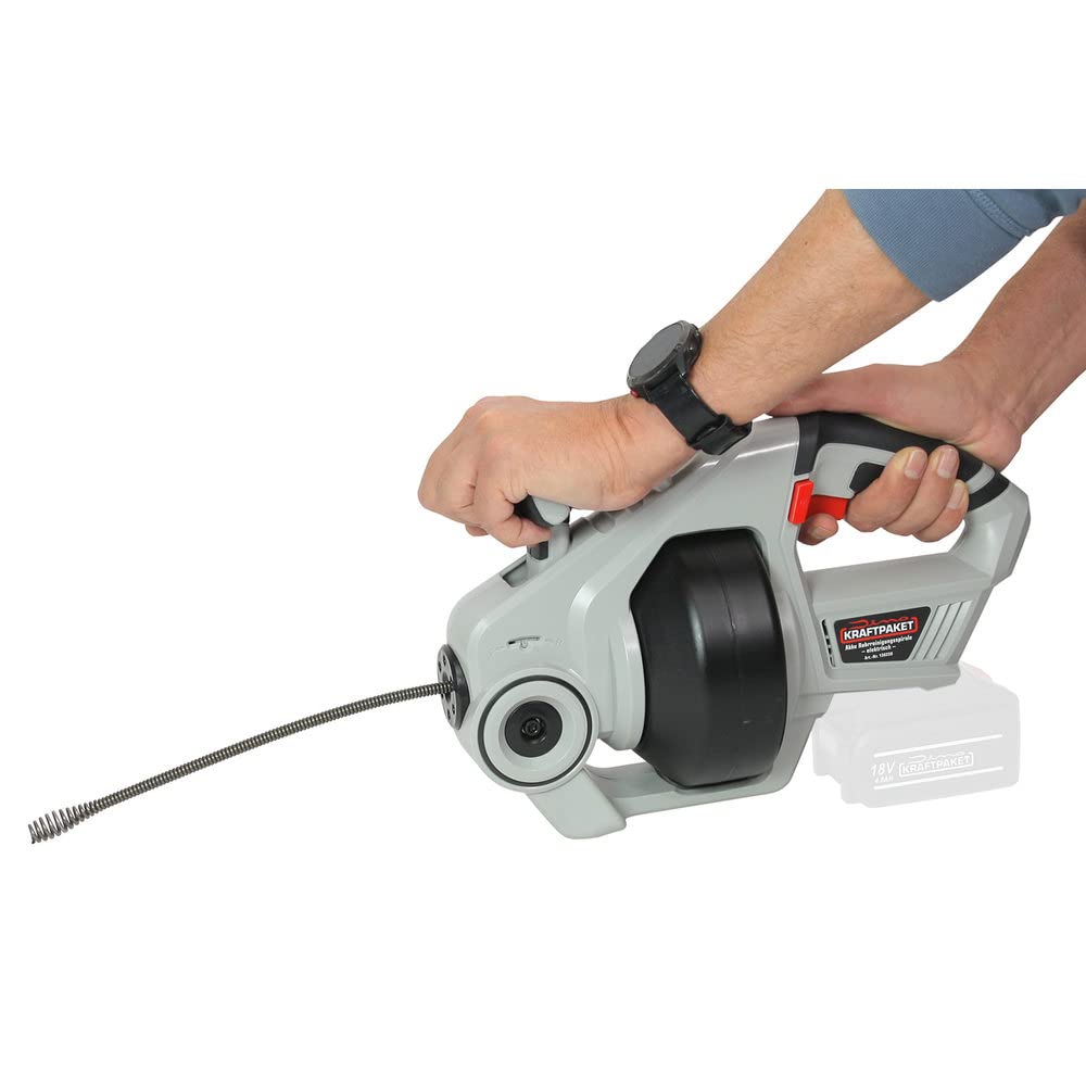 Dino KRAFTPAKET 18V-450W Akku Rohrreiniger elektrisch mit Rohrreinigungsspirale im Set mit 2Ah Akku und 2.5A Ladegerät Rohrreinigungsgerät geeignet für Rohrdurchmesser 19-76m