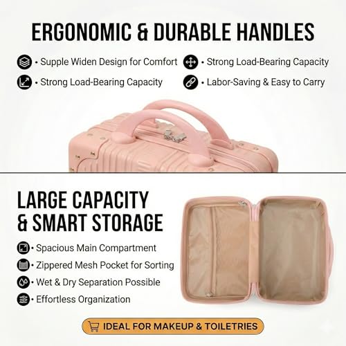 Image of Hard Shell Makeup Vanity Case for Women, Portable Travel Cosmetic Organizer Box with Handle & Zipper, Premium Makeup Storage Case for Cosmetics, Jewelry & Toiletries, B-Skin