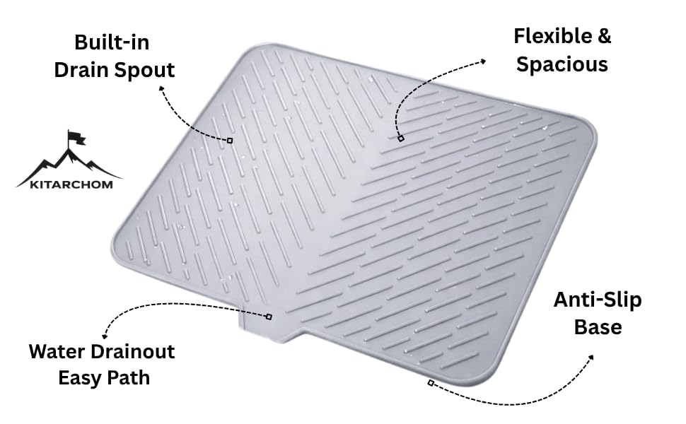 Image of Large Silicone Dish Drying Mat for Kitchen Sink with Drain Lip | Dry Mat for Kitchen Utensils | Silicone Mat for Kitchen Sink, Sink Organizer & Dish Drying Pad 42x32 cm (Grey)