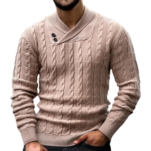 JEShifangjiusu Mens Shawl Collar Knit Sweater Casual Slim Fit Solid Color Pullover Fall Fashion Button Textured Sweater