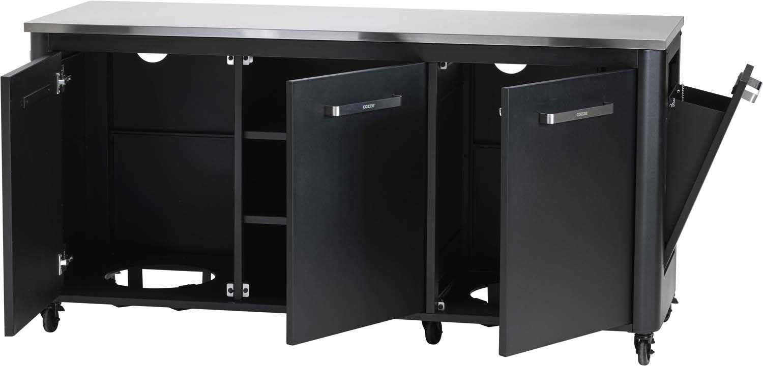 Cozze® Cocina de Exterior 180 con encimera INOX – módulo de Cocina Exterior Modular con 3 Puertas, Cubo de Basura Integrado, Soporte para 2 bombonas de Gas, 6 Ruedas, Carga 150 kg