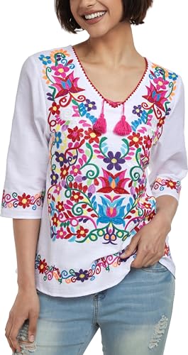 YZXDORWJ Women's Summer Embroidered Mexican Shirts Short Sleeve Casual Tops Blouse3