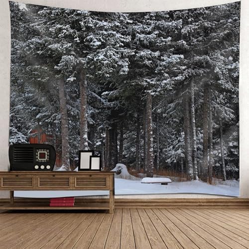Tapisserie murale paysage neige forêt décoration textile hiver pour salon et chambre