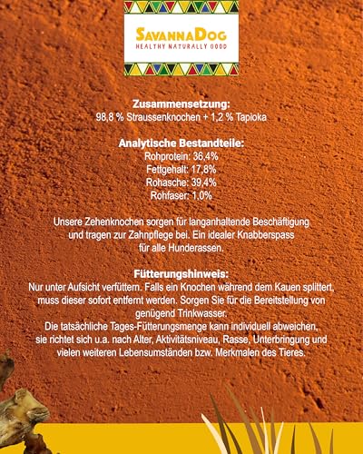 SavannaDog Zehenknochen vom südafrikanischen Strauß 500 g - Natürliche Kausnacks getreidefrei & hypoallergen. Hunde-Kauartikel für Langen Knabberspaß