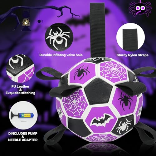 Image of Dog Toys Balls, Dog Soccer Ball with Straps, Dog Birthday Gifts, Durable Balls for Small Medium Pet, Puppy Outdoor Toy, Pet Training Soccer Ball, World Cup Soccer (7.25 Inch) (Spider, Large)
